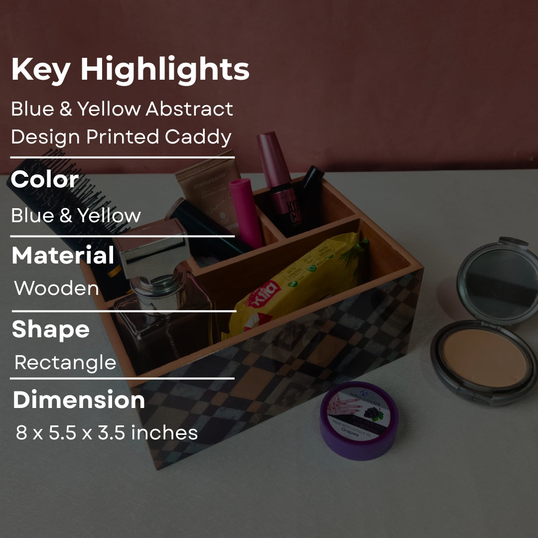 Caddy - Wooden 4 Partition Blue & Brown Diamond Print With Enamel