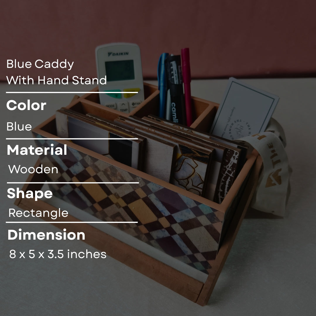 Caddy With Handle - Wooden 4 Partition Blue & Brown Diamond Print With Enamel