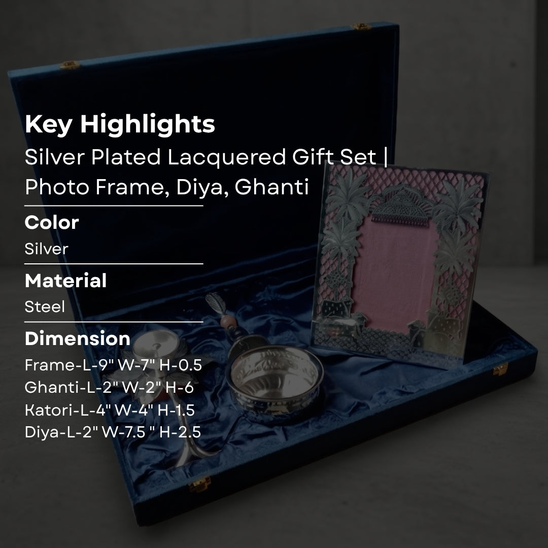 Silver Plated Lacquered Gift Set | Photo Frame, Diya, Ghanti & 4" Urli | Premium Puja Combo