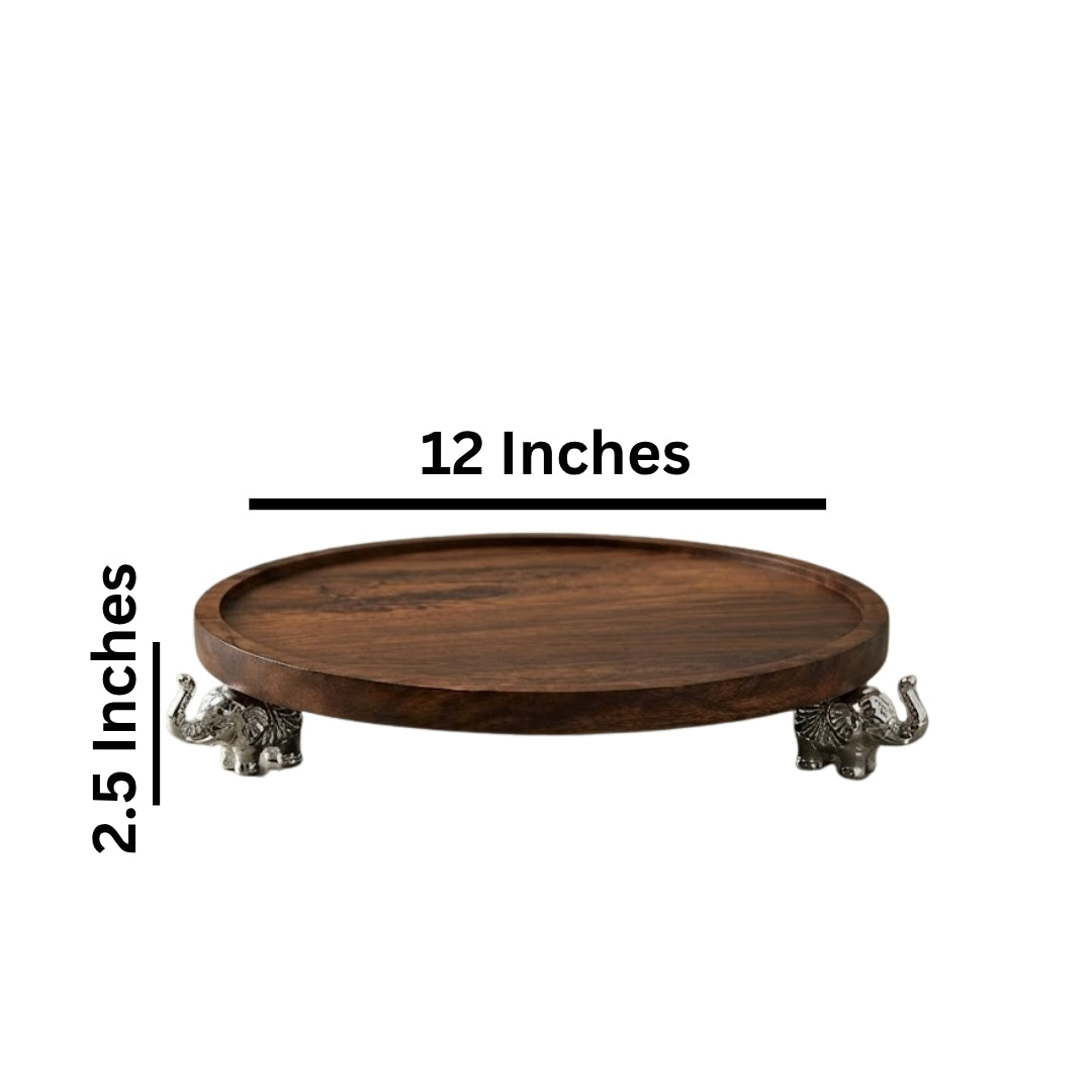 Wooden Round Serving Tray with Silver Elephant Feet
