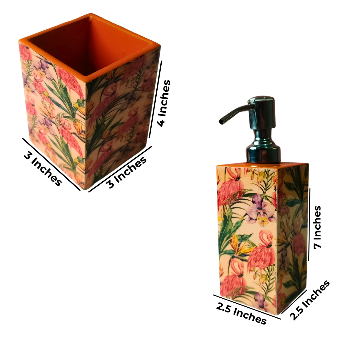 wooden water resistant Flamingo print & enamelled Bathroom Set of 4