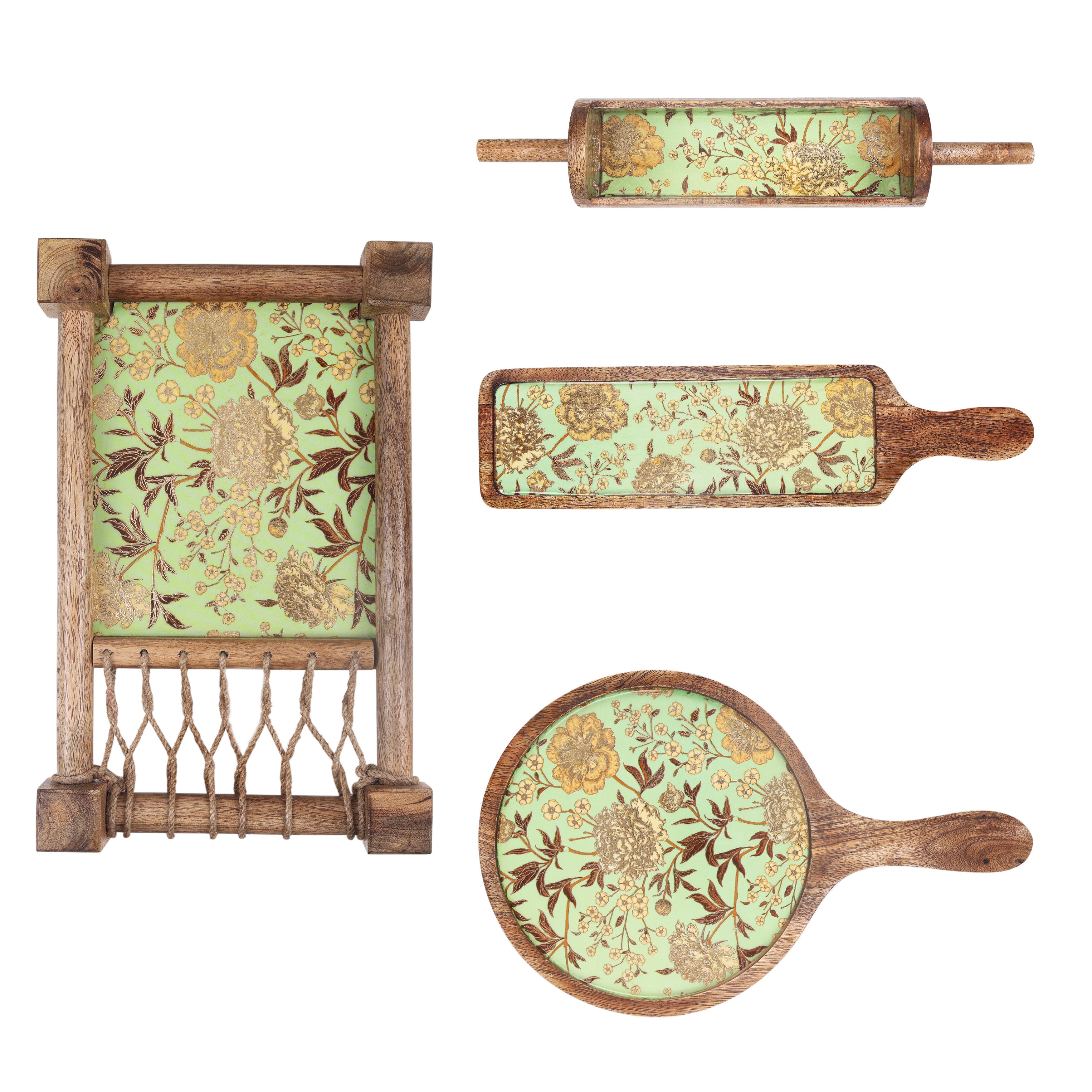 Green Flower Print & Enameled Wooden Khatiya Platter Set of 4