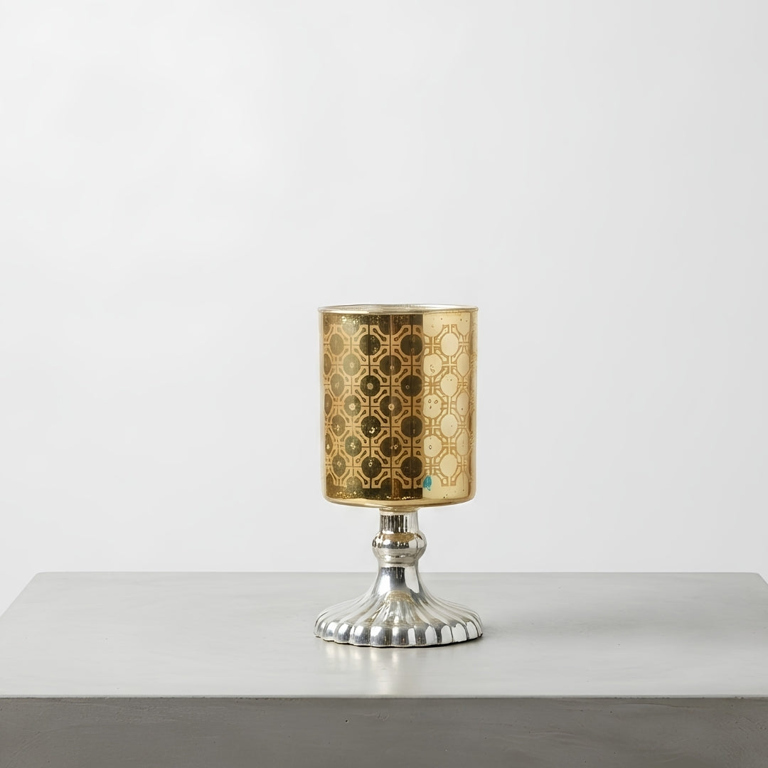 Set of 2 gold Mosaic Etched Glass Pedestal Tea Light Holders