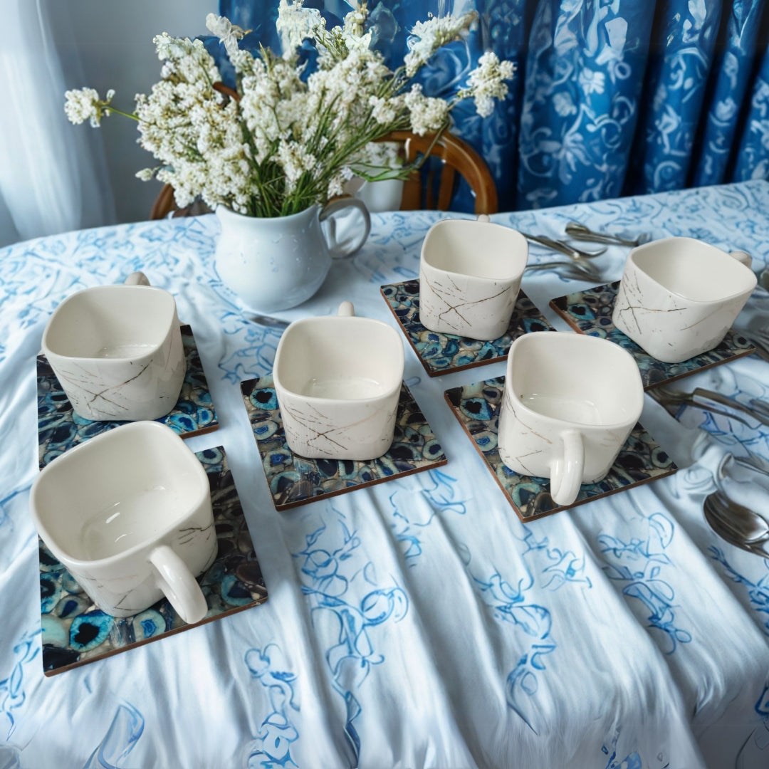 Table Coaster - Wooden Blue Agate Print With Enamel Set of 6