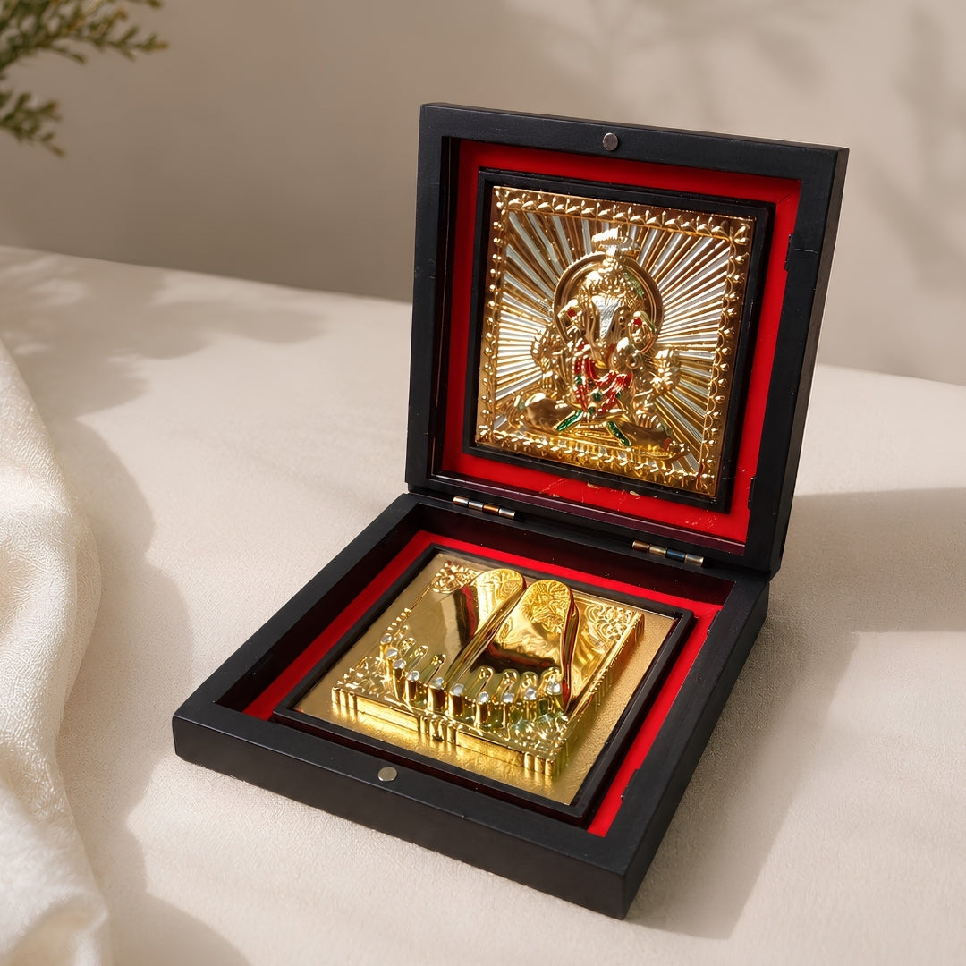 Gold-Plated Ganesha Idol & Charan Paduka Gift Box