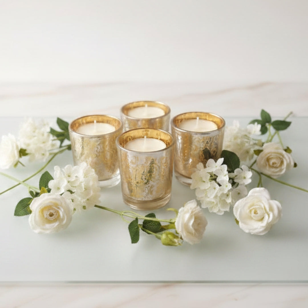 Etched Yellow Glass Votive Candle Holders - Elegant Small Set of 4