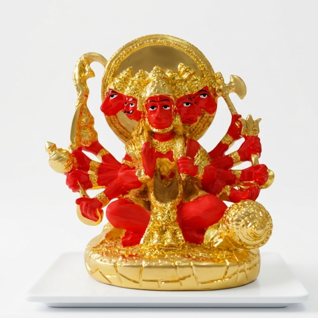 The Home CO-24K Gold Plated Panchmukhi Hanuman Fibre Idol | Orange Enamel Five-Faced Hanumanji Murti