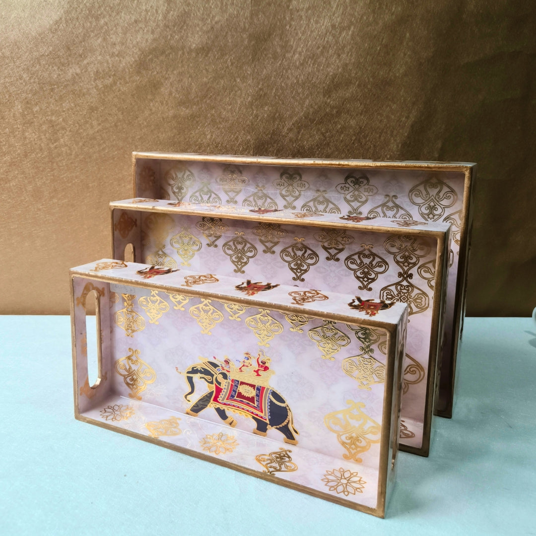 Elephant Design Enamel Tray (Set Of 3)