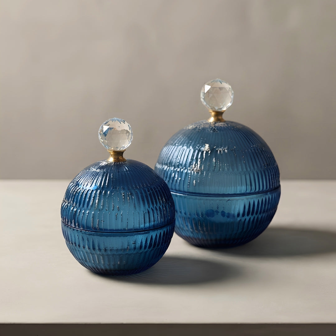 Set of 2 Blue Glass Ball-Shaped Scented Candles with Decorative Bow Lids