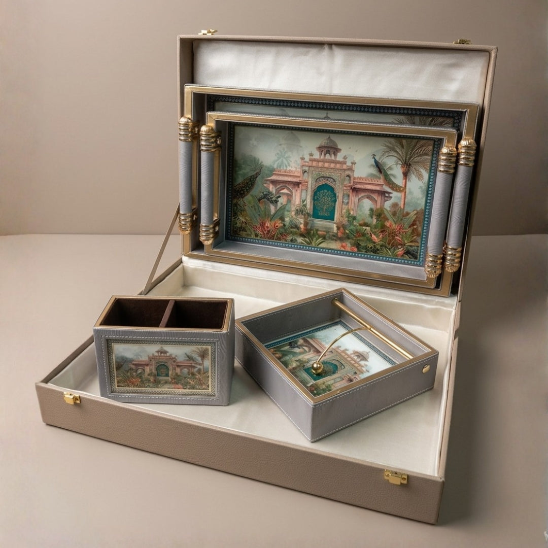 Luxury Peacock Leatherette Serving Tray Set of 2 with Tissue & Cutlery Holder