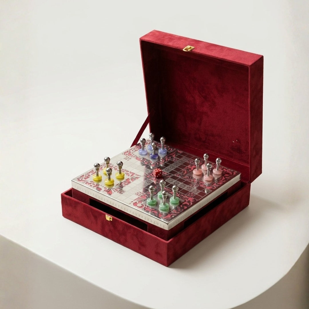 Luxury Silver Plated Ludo Box with Pull-Out Drawer, Metal Pawns & Red Velvet Base
