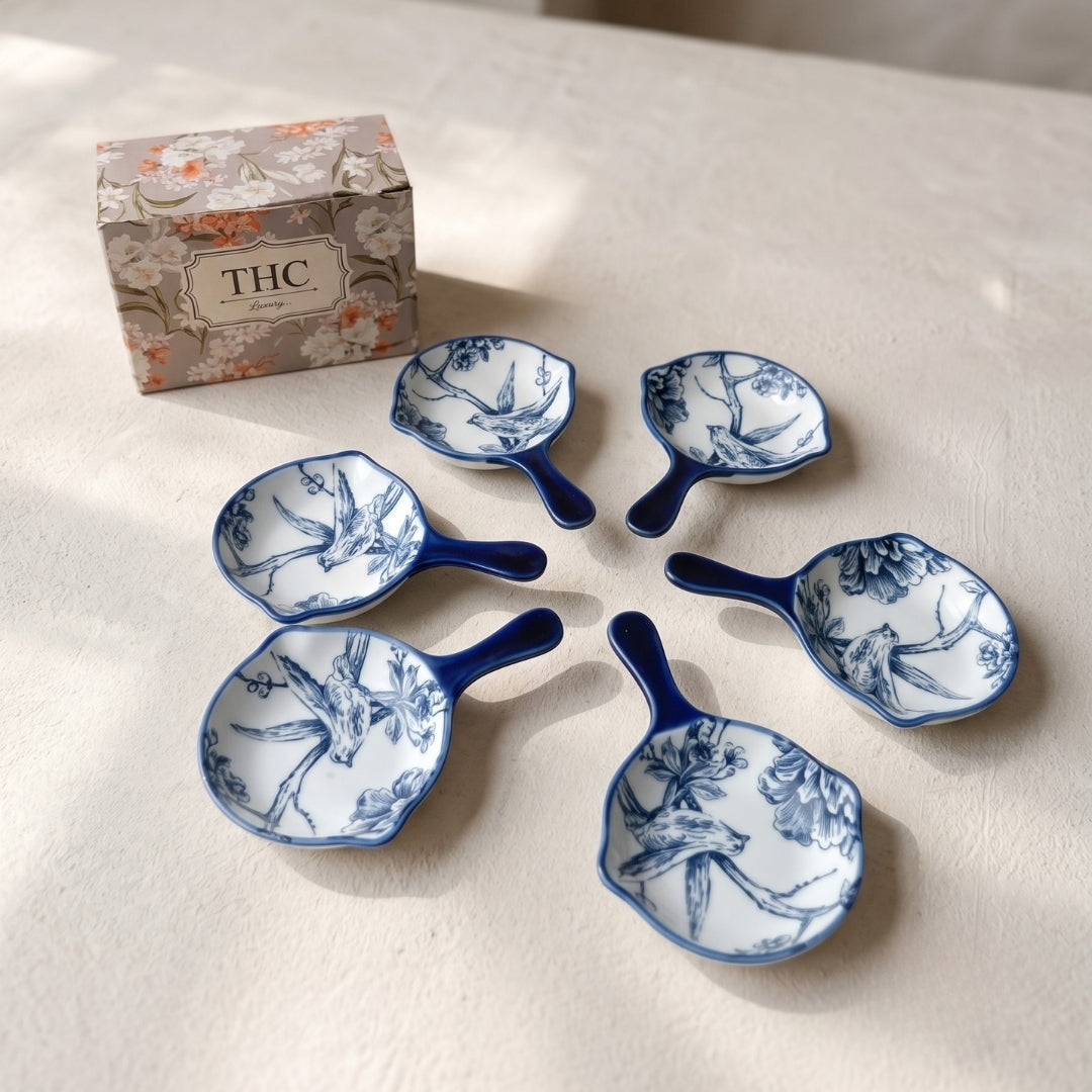 6 Pcs Blue & White Floral Ceramic Round Dip Bowl Set