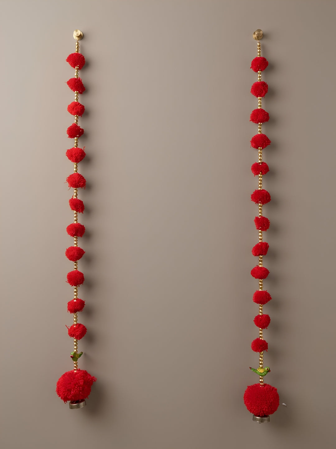 Red Pom-Pom & Pearl Festive Side Hangings with parrot