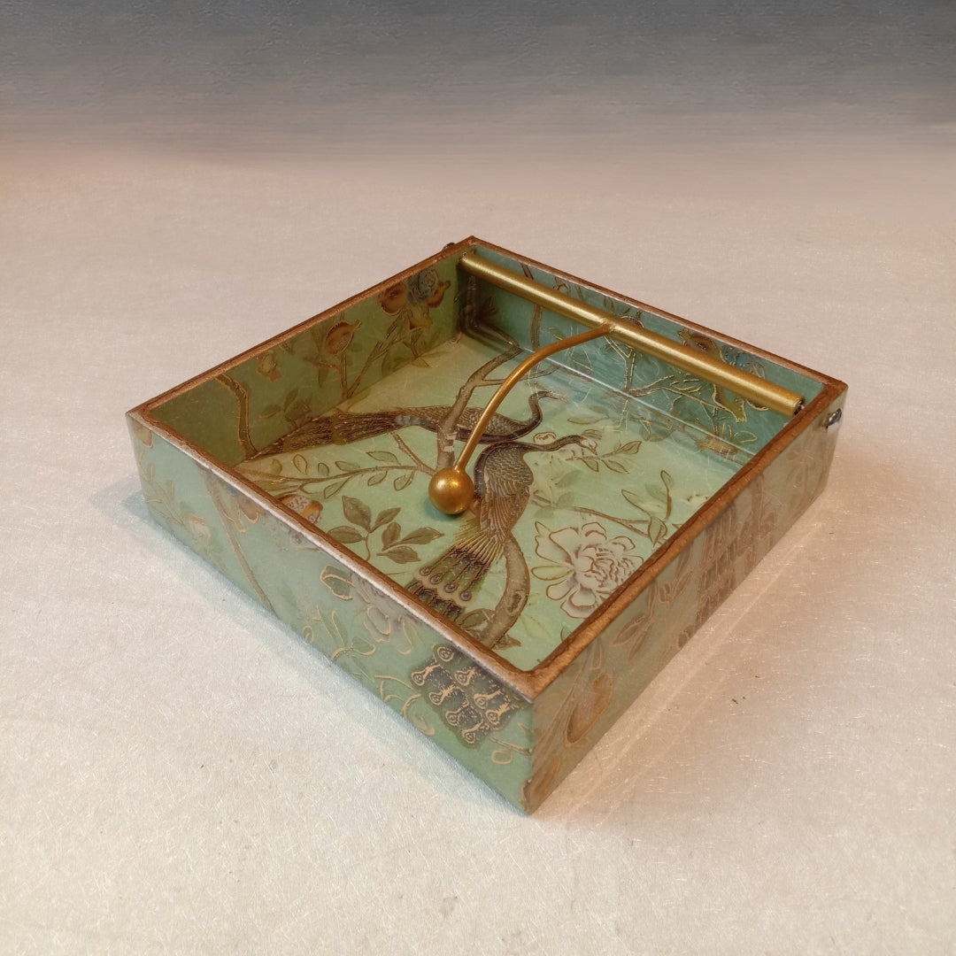Square tissueholder - Wooden green peacock & bird Design Print & Enamel