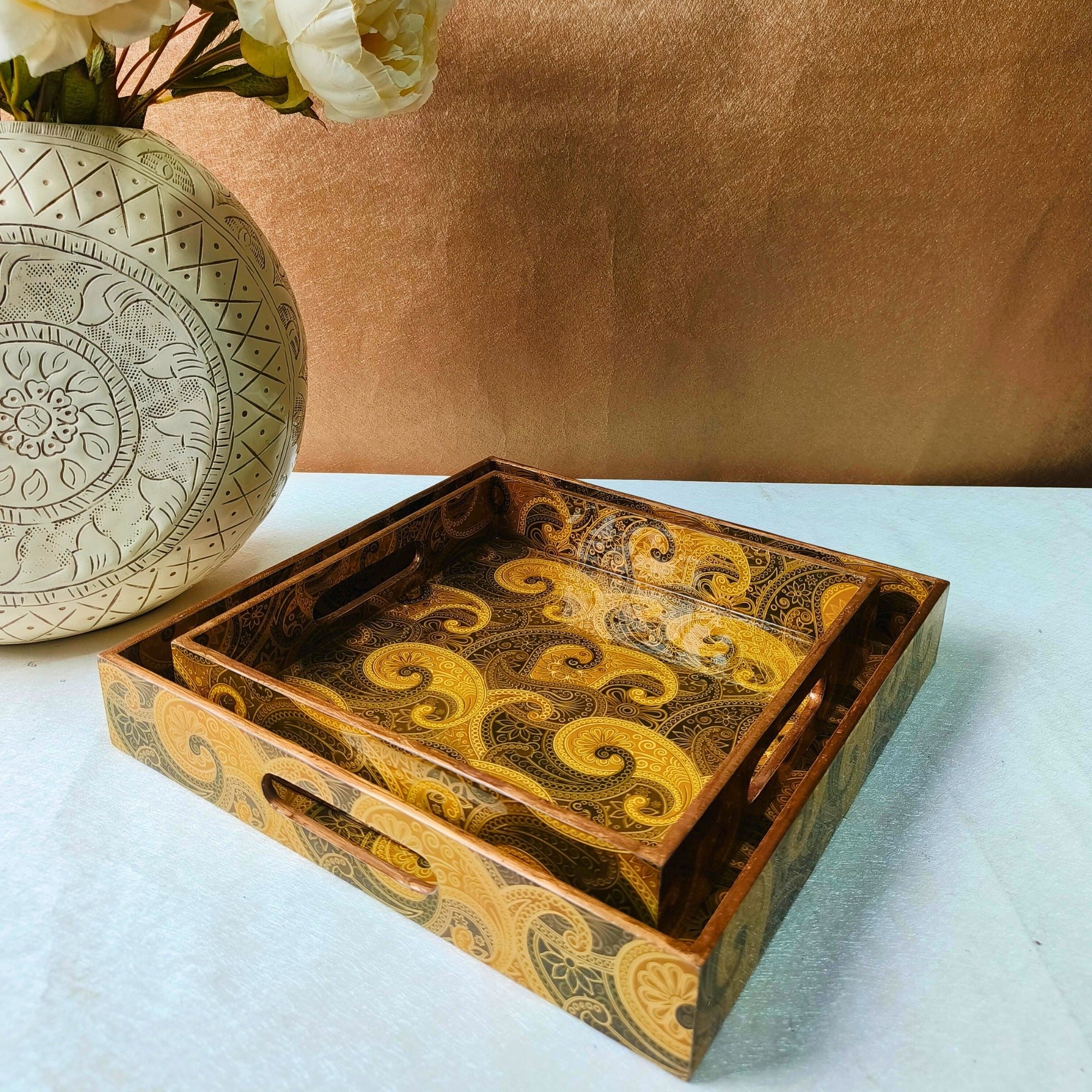 Rectangle wooden Gold Keri Embossy Design Enamel Tray set of 2