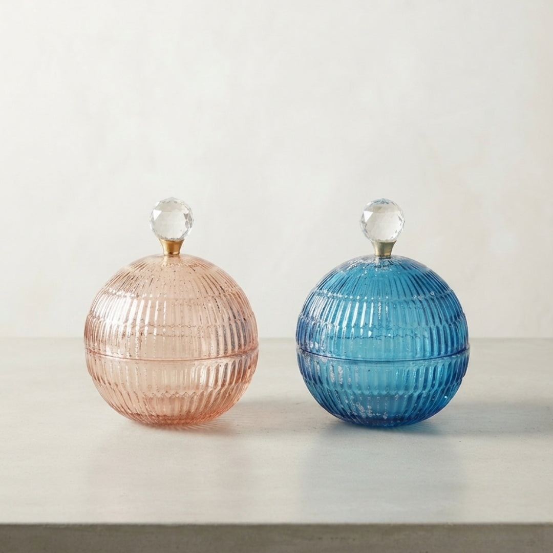 Set of 2 Small Pink & Blue Glass Ball-Shaped Scented Candles