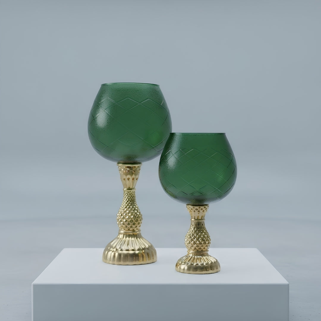Green Glass Chalice Candle Holders - Elegant Set of 2 (Large & Small)