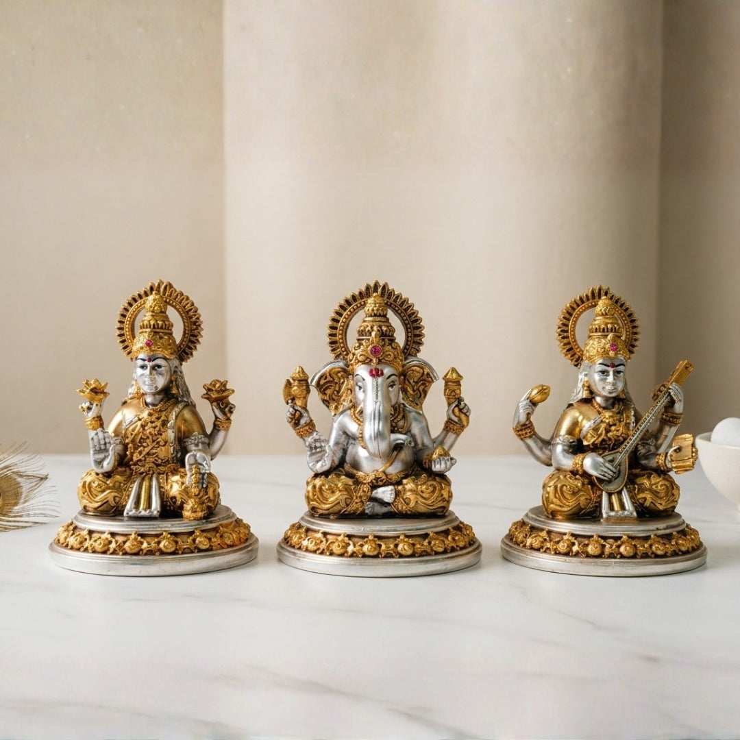 The Home Co. 999 Pure Silver & 24K Gold Plated Lakshmi, Ganesha & Saraswati Idol Set (Small) | Divine Trideva-Tridevi Murti with Premium Velvet Gift Box