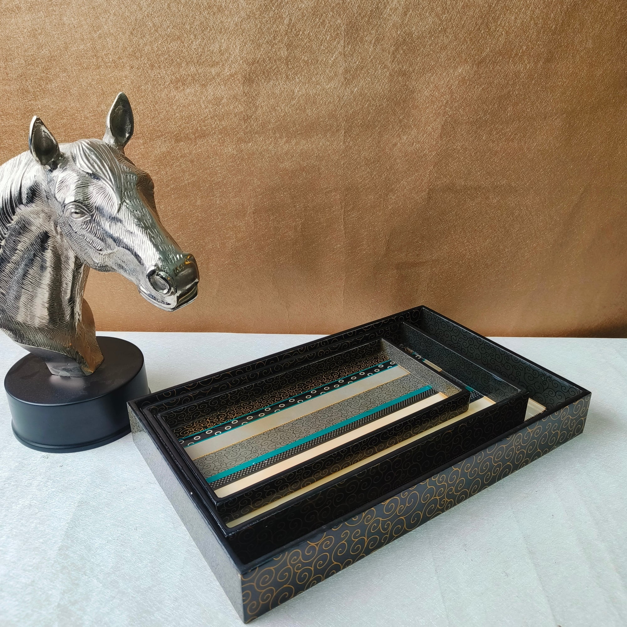 Wooden Abstract Printed Enamel Tray set of 3