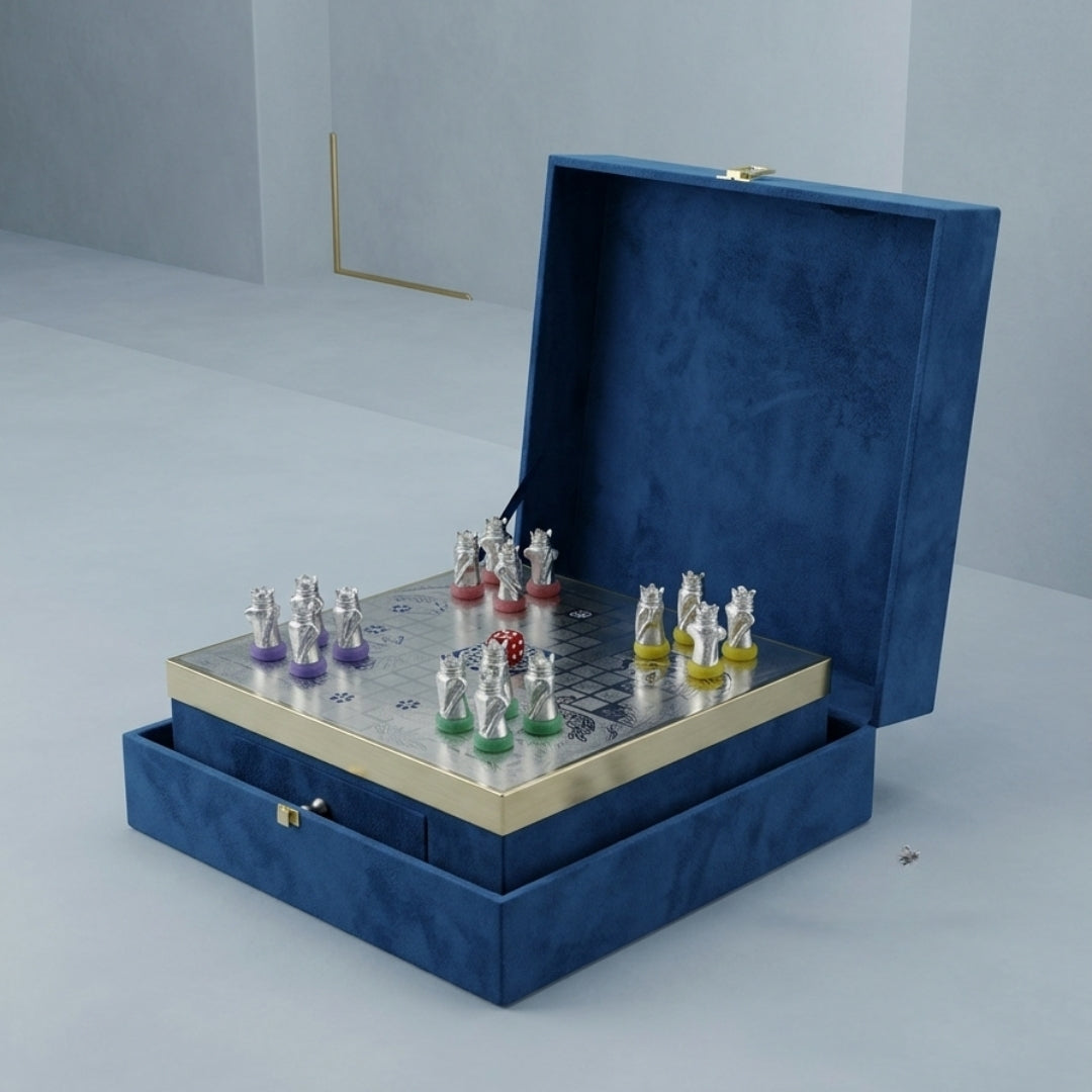 Luxury Silver Plated Ludo Board Game Set with Metal Pawns & Velvet Storage Box