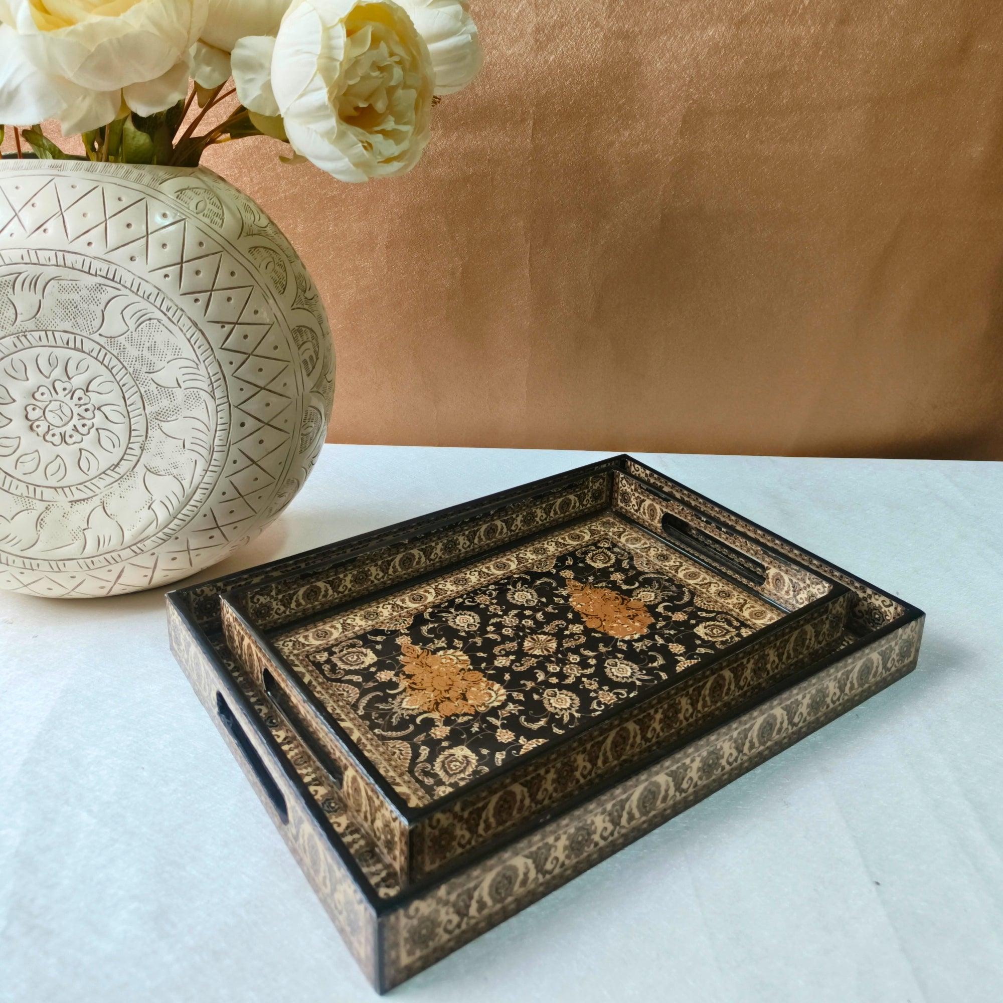 Wooden Black Turkey print & Enamel Tray set of 2