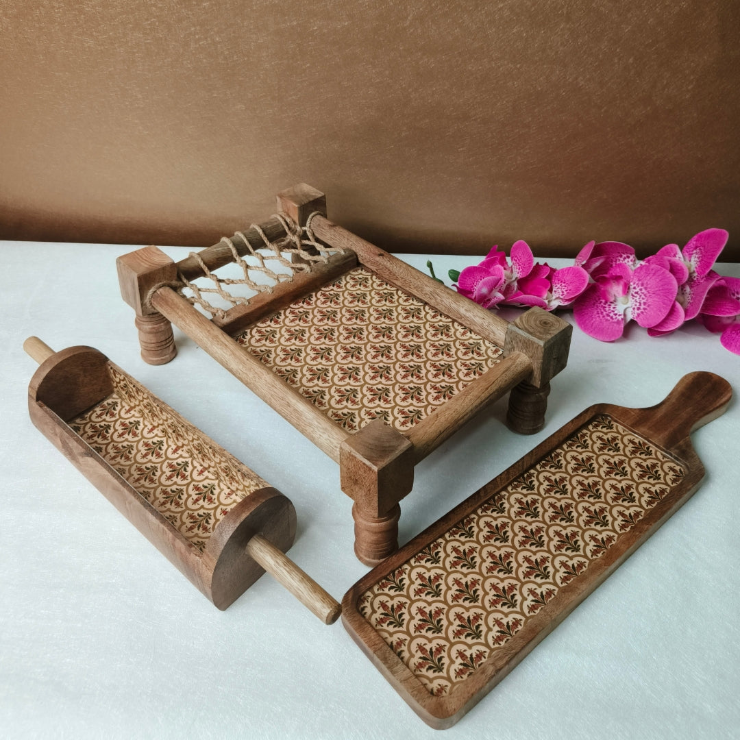 peach mughal print & enameled Wooden Khatiya Platter Set of 3 - khatiya platter , belan platter , bat platter