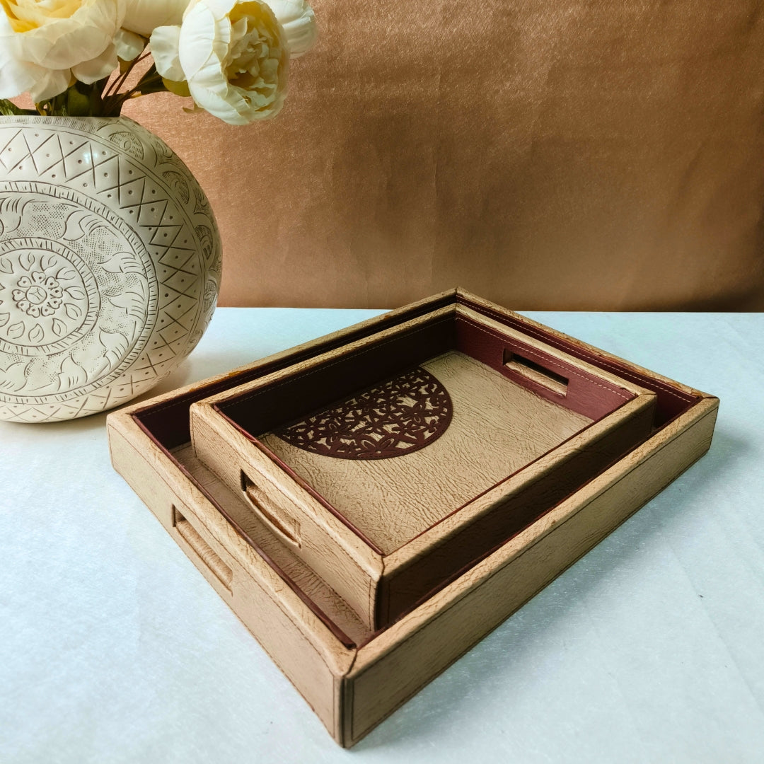 Brown Rectangle Leather Tray set of 2