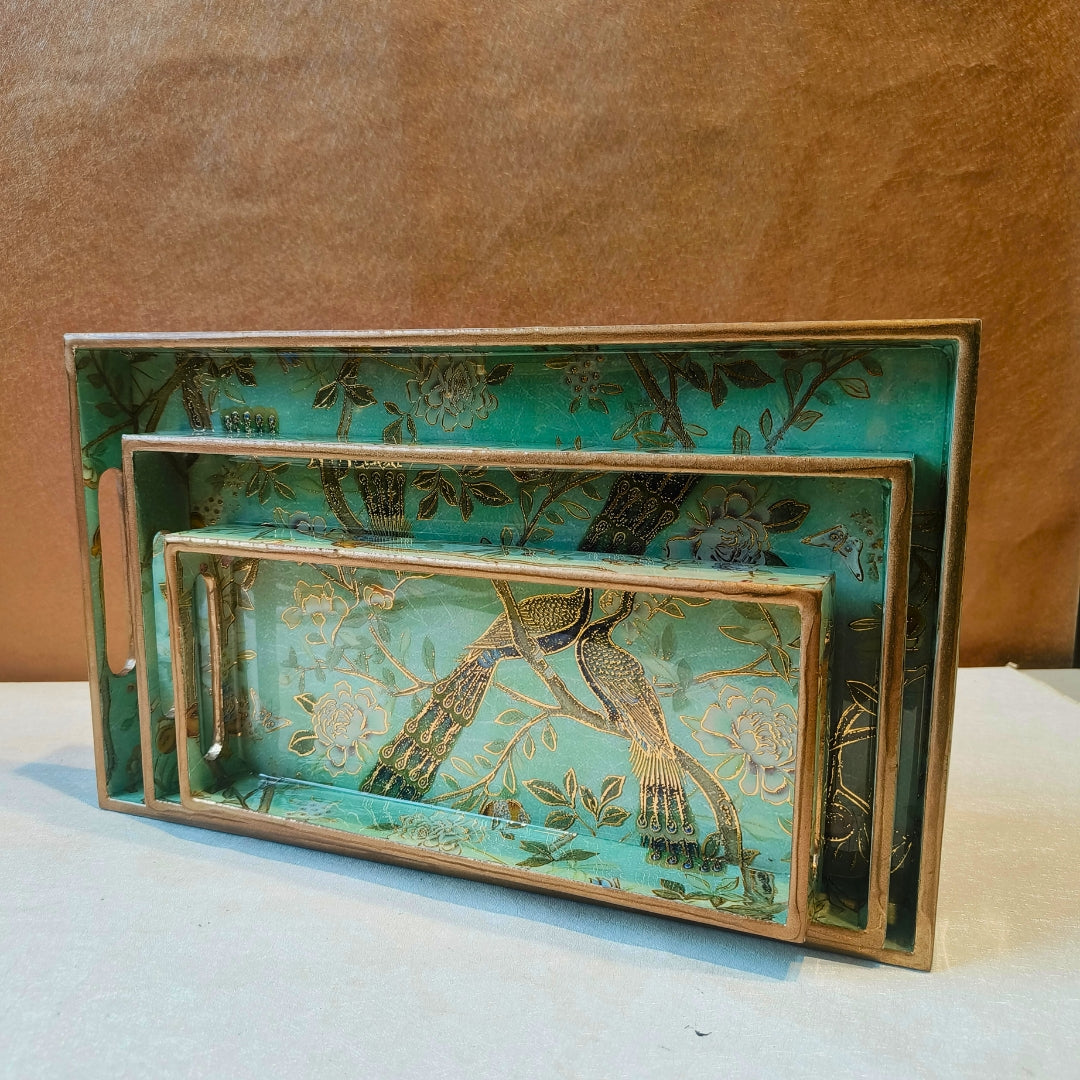 Green Peacock Design Enamel Tray(Tray Set of 3)