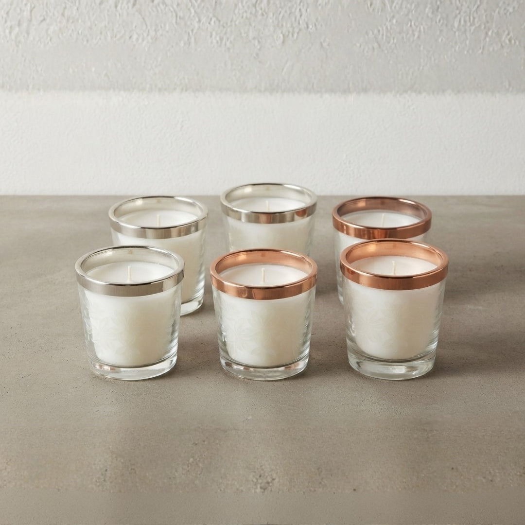 Set of 6 Scented Wax Glass Votives with Metallic 3 pc Silver & 3 pc Copper Rims