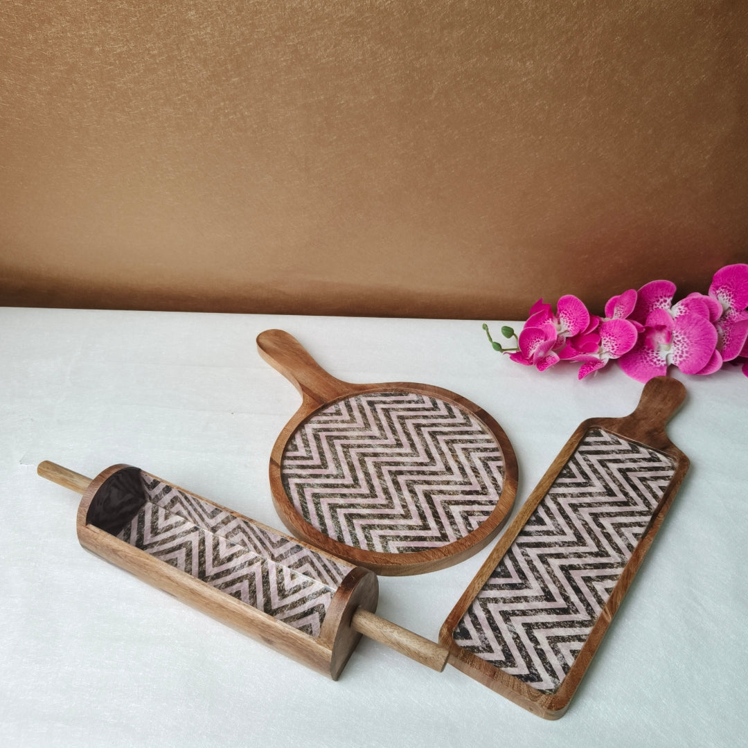 Chevron print & enameled Wooden Khatiya Platter Set of 3 - belan platter , bat platter , pizza platter