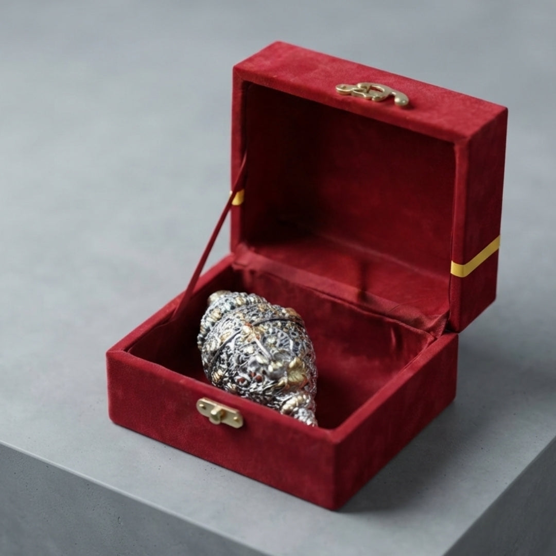 Silver Plated Ornate Shankh in Red Velvet Gift Box for Auspicious Occasions