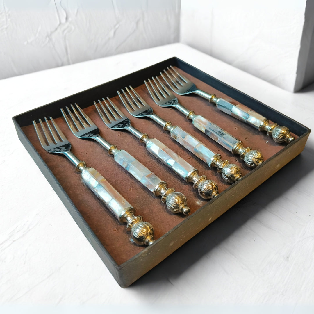 Cutlery Set Of 6 - Brown Mother Of Pearl With Silver Knob Table Fork