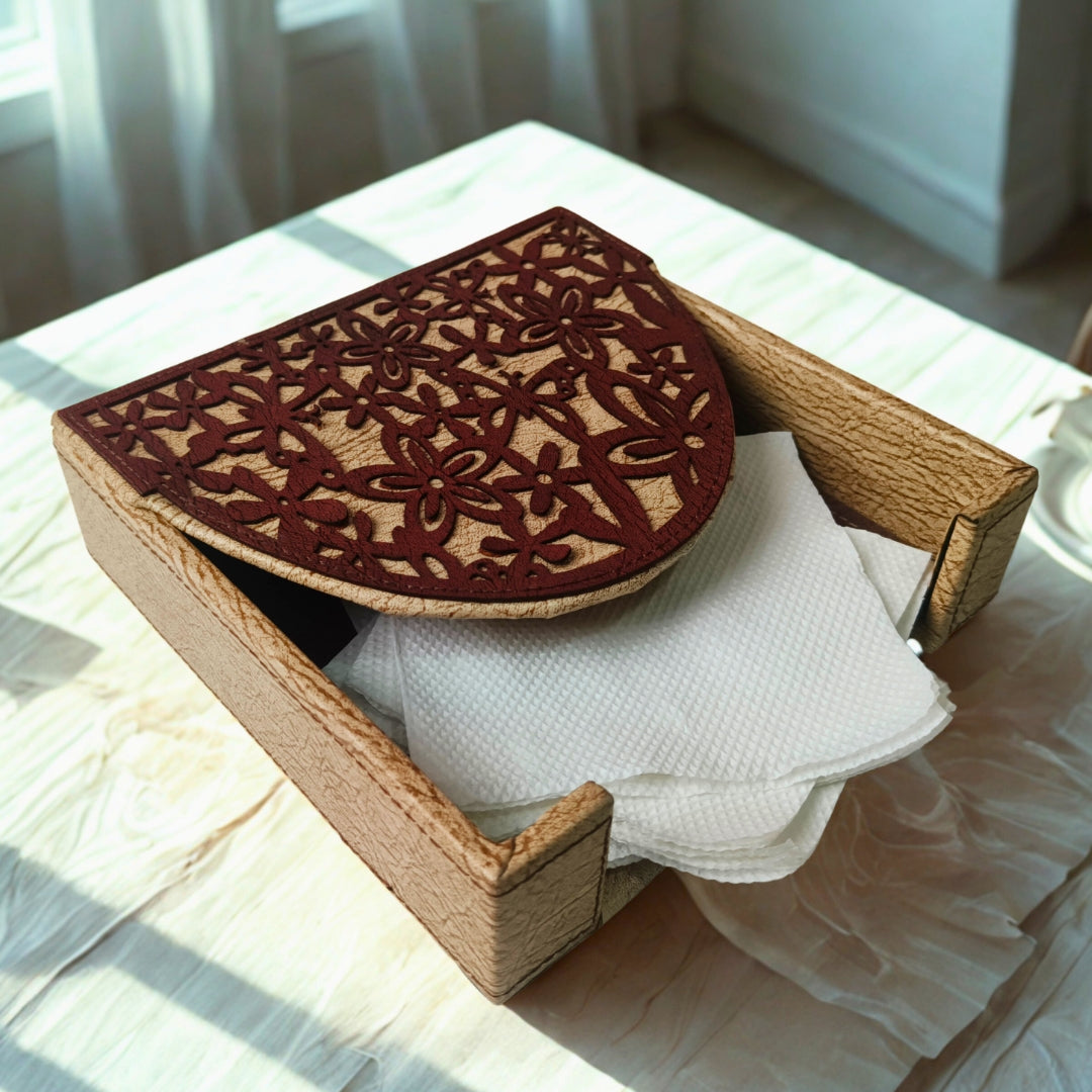 Square tissueholder - Leatherette Brown Floral Cut Design