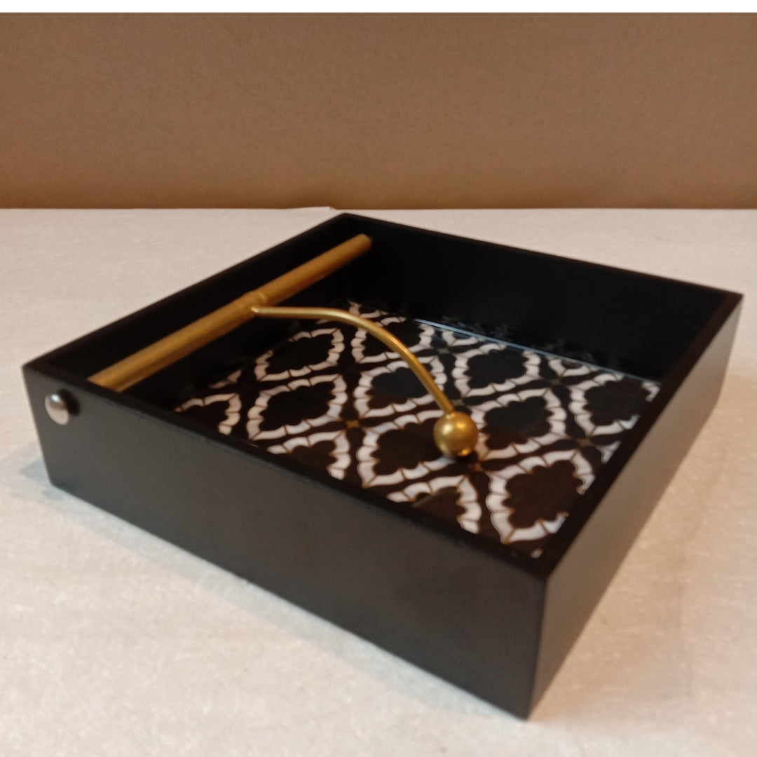 Square tissueholder - Wooden black mosaic Design Print & Enamel with deco paint