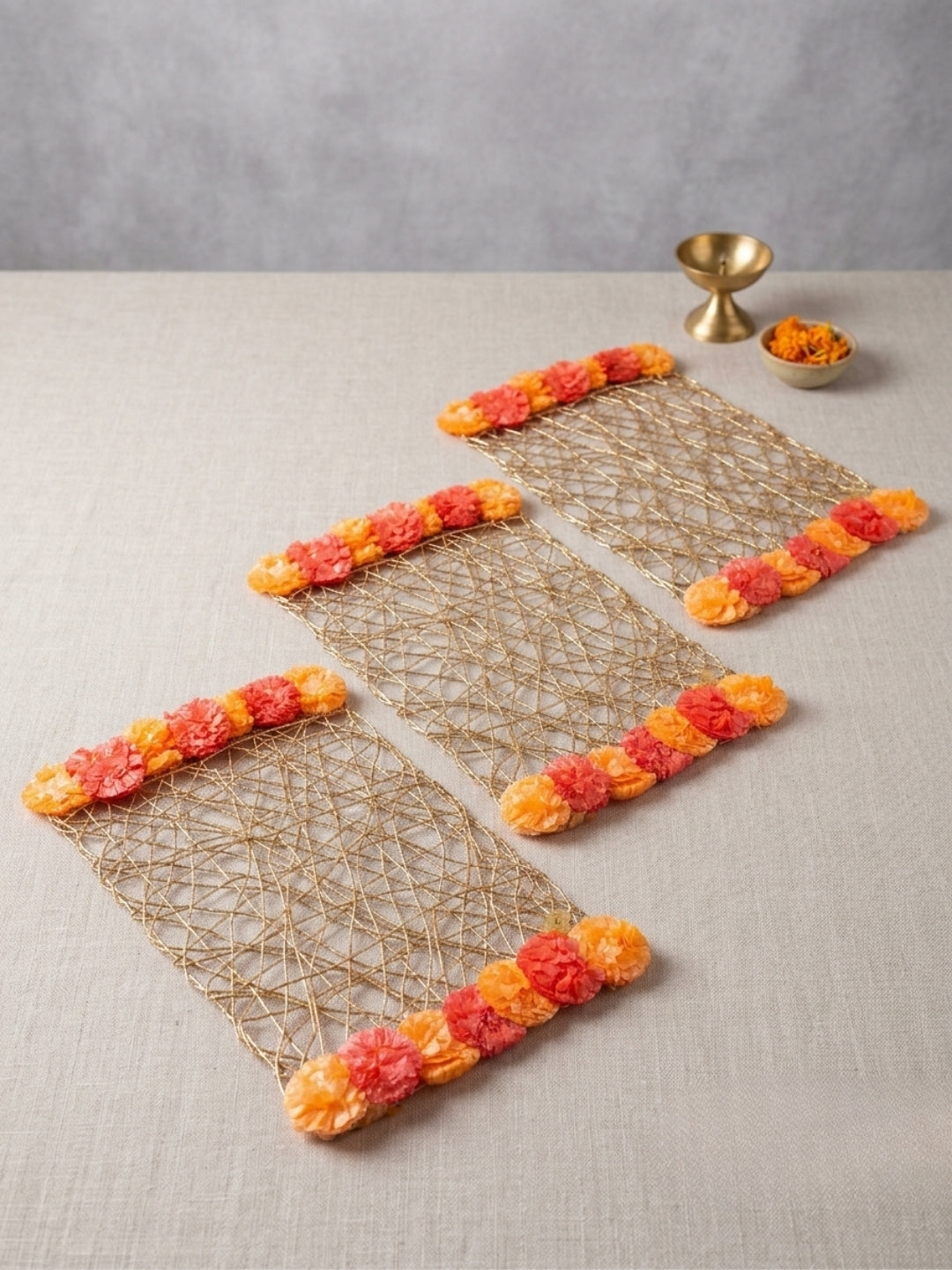 Handmade Gold Wire Mesh Table Runner & Mat / rangoli Set of 3