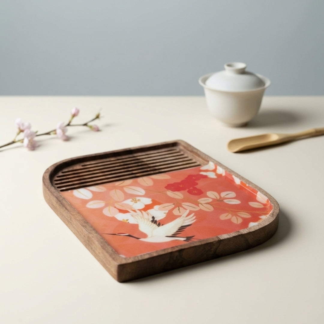 Flamingo Print Enamel & Ribbed Wooden Rectangular Platter