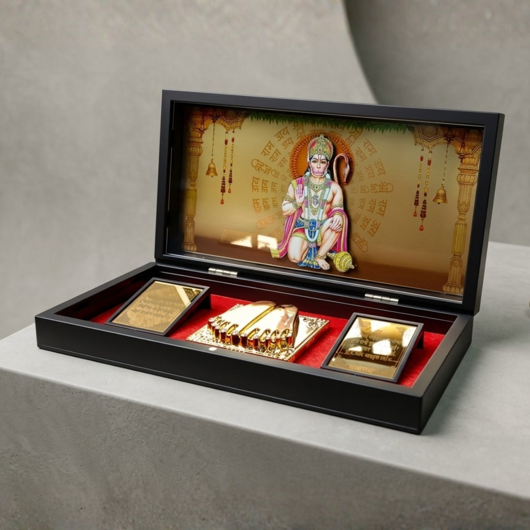 24K Gold Plated Hanuman Ji Idol with Sacred Charan Paduka Pooja Box