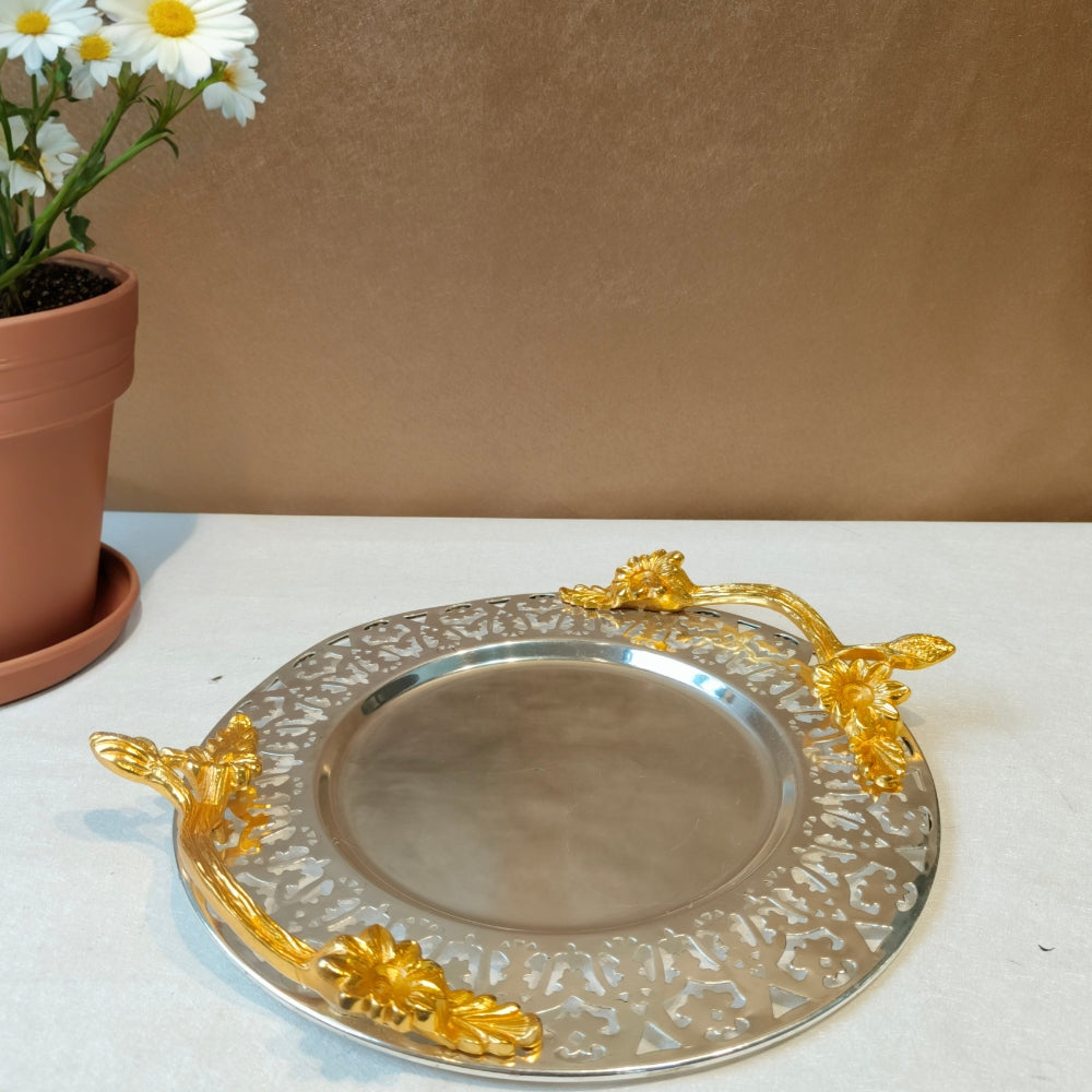 Brass metal silver plated round cutwork tray with metal handle small