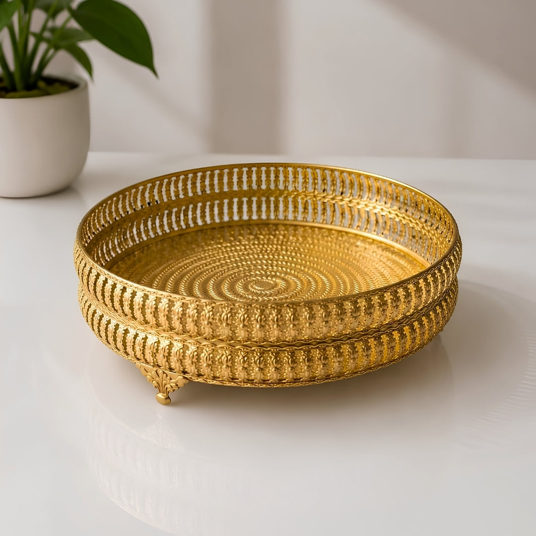 Decorative Gold Round Filigree Tray with Beaded Edges and Ornate Feet