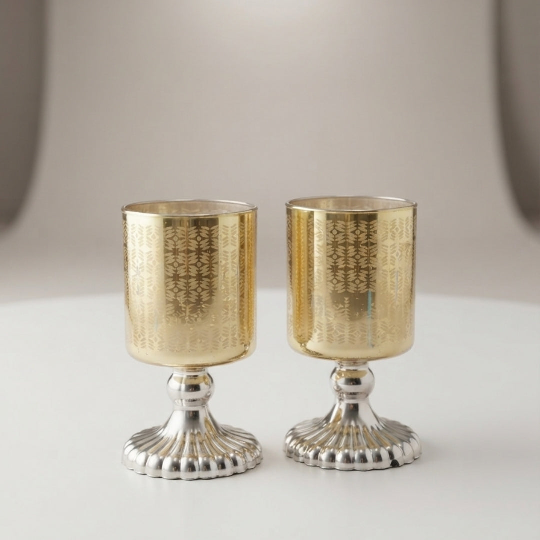 Set of 2 Yellow Leaf-Etched Glass Pedestal Tea Light Holders