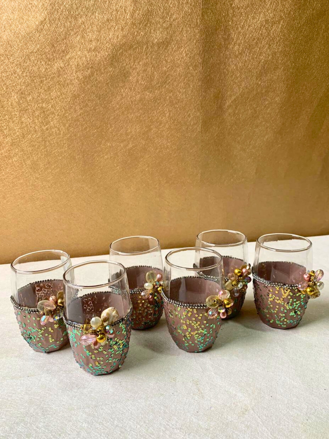 Mauve Resin Glitter Filigree Glass Set of 6