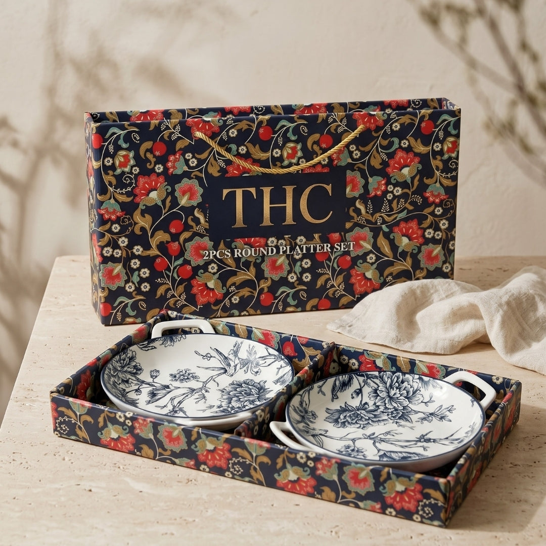 2 Pcs Blue & White Floral Ceramic Platter Set