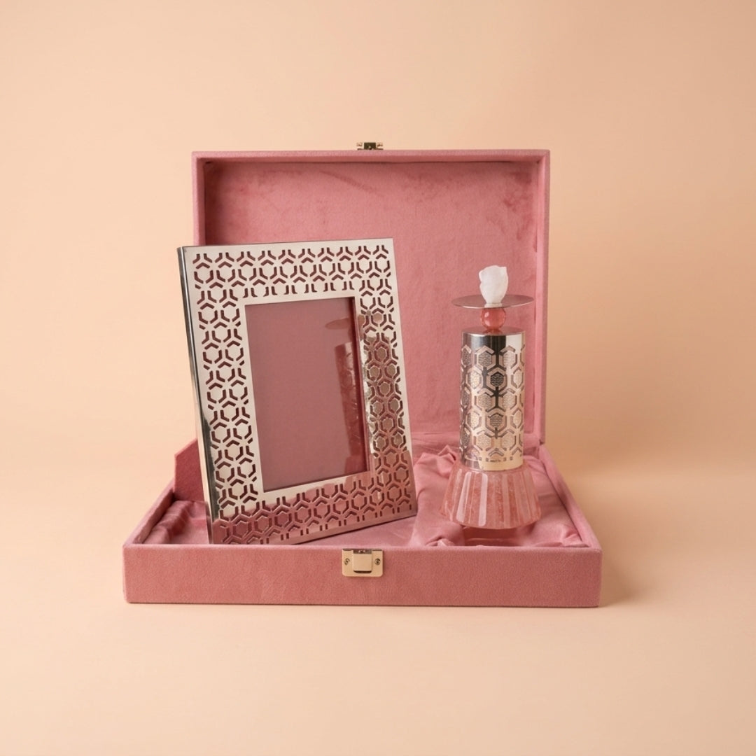Luxury Silver Plated Photo Frame & Candle Holder Gift Set in Premium Pink Box