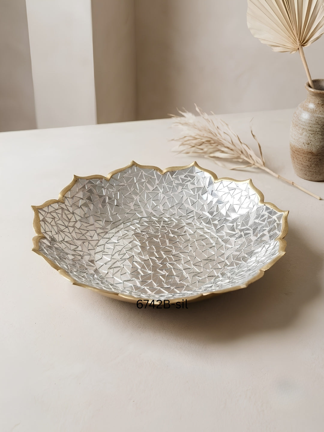 Metal lotus shape mosaic urli platter - silver medium 10"