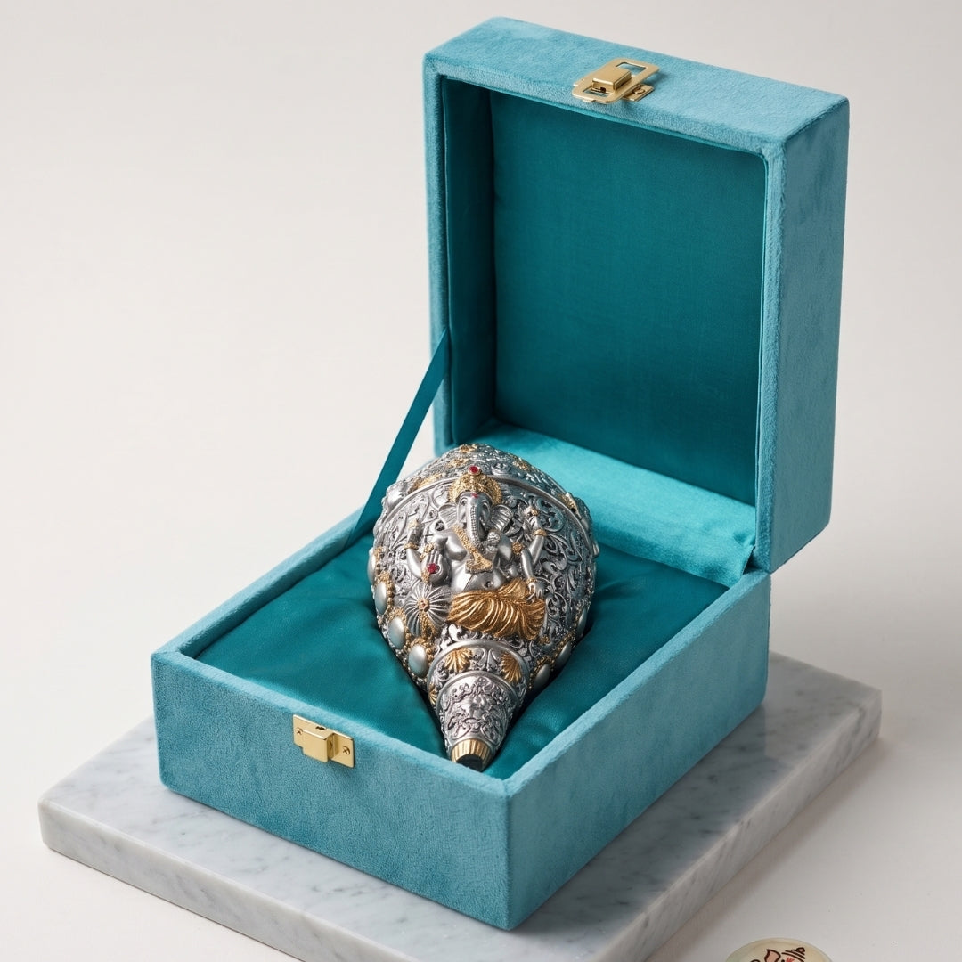 Silver Plated Ganesha Shankh with Turquoise Velvet Box for Auspicious Gifting