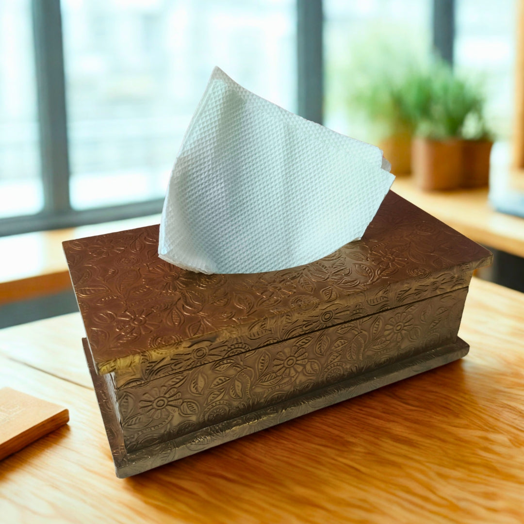 Tissue Box - Wooden Brass Etched Design