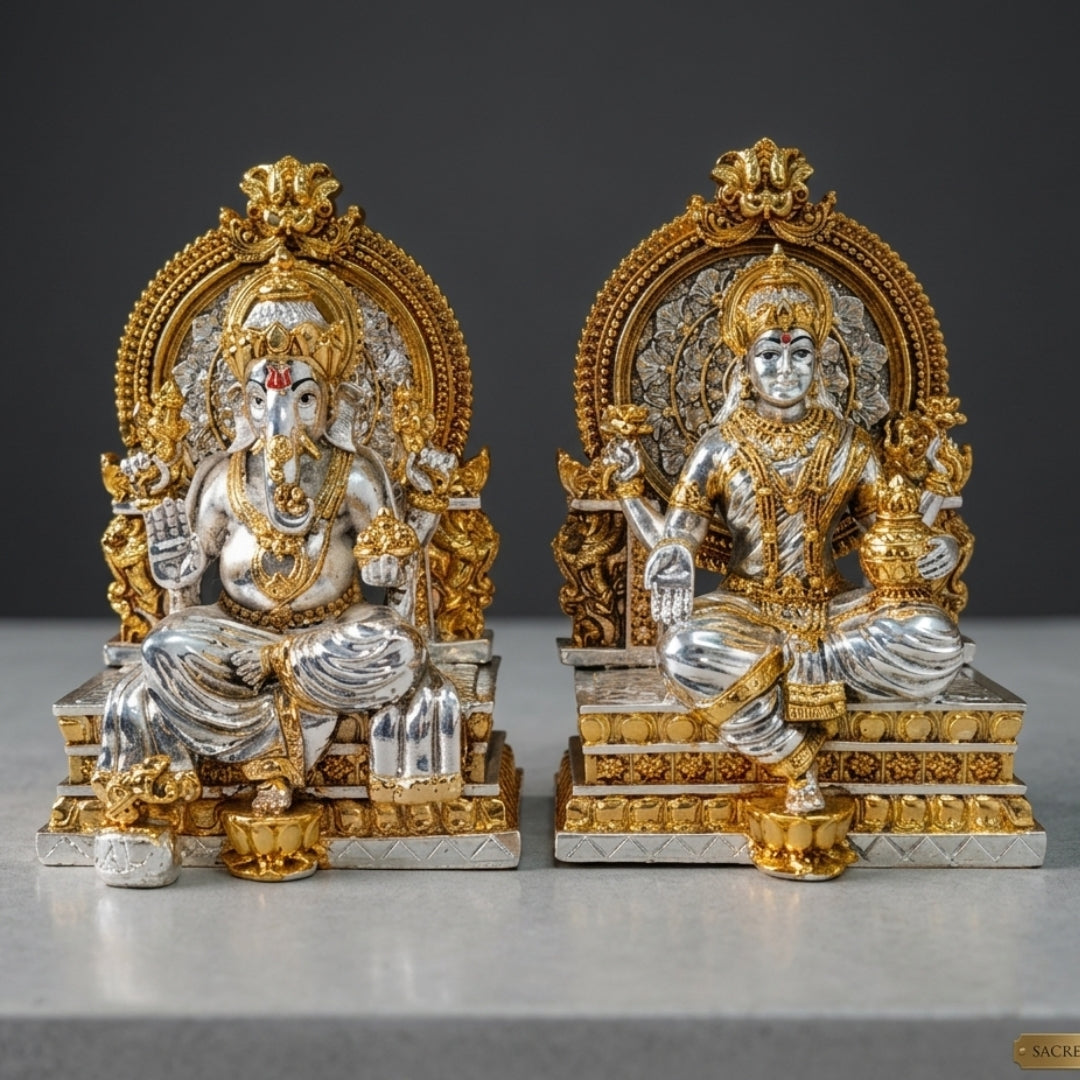 The Home Co- 999 Pure Silver & 24K Gold Plated The Divine Union: Lakshmi & Ganesha Silver & Gold Plated Fiber Idols(seating on sihasan )