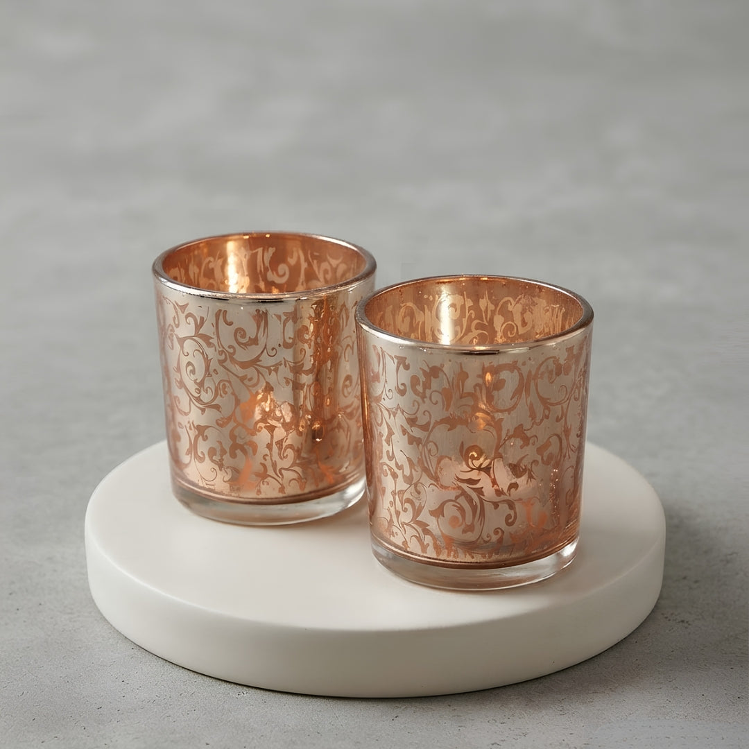 Etched Orange Glass Votive Candle Holders - Elegant Set of 2