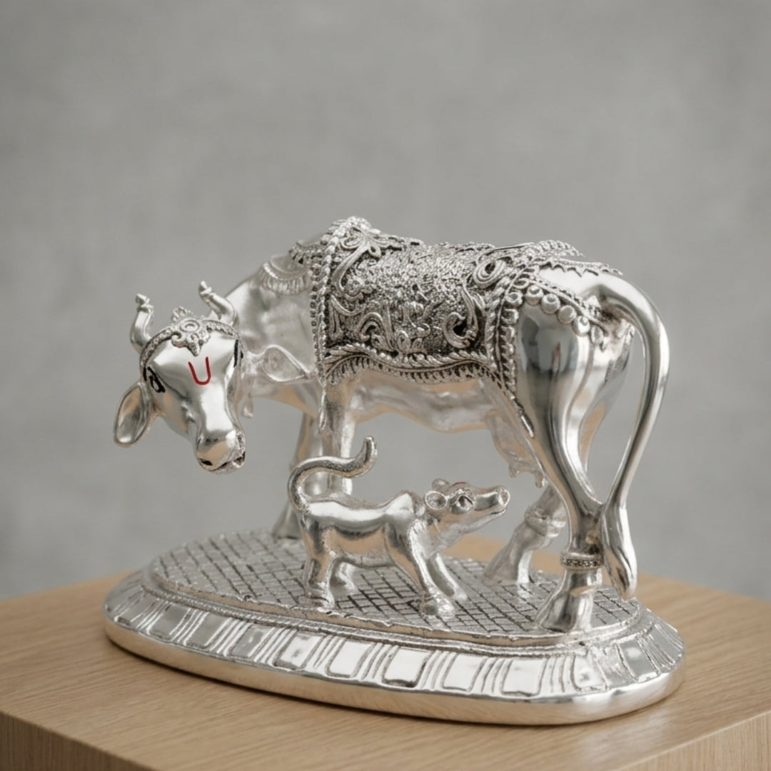 The Home Co- 999 Pure Silver Plated Kamdhenu Divine Om Cow and Calf Idol- 4.5"