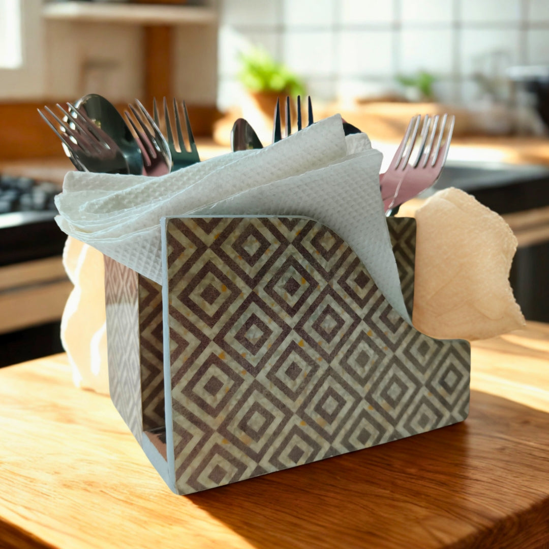 Cutlery tissue holder- Wooden Grey Diamond Print With Enamel